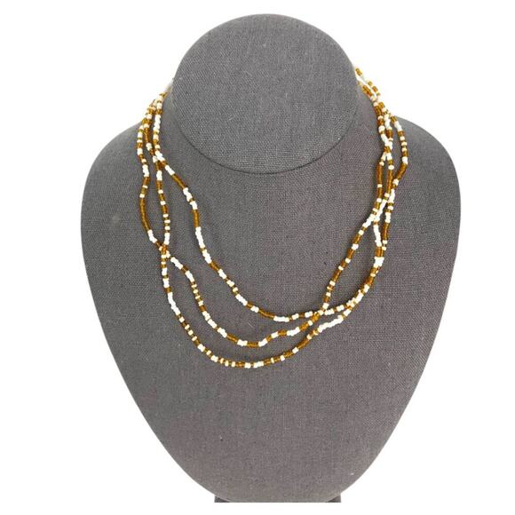 Vintage Triple Strand Tan White Seed Bead Necklace Unisex - Picture 1 of 5